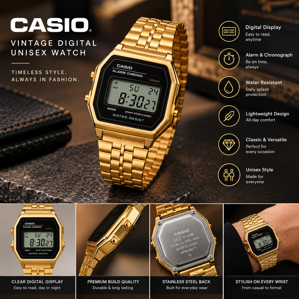 ⌚ Vintage Digital Gold Watch — Timeless Style, Modern Attitude
